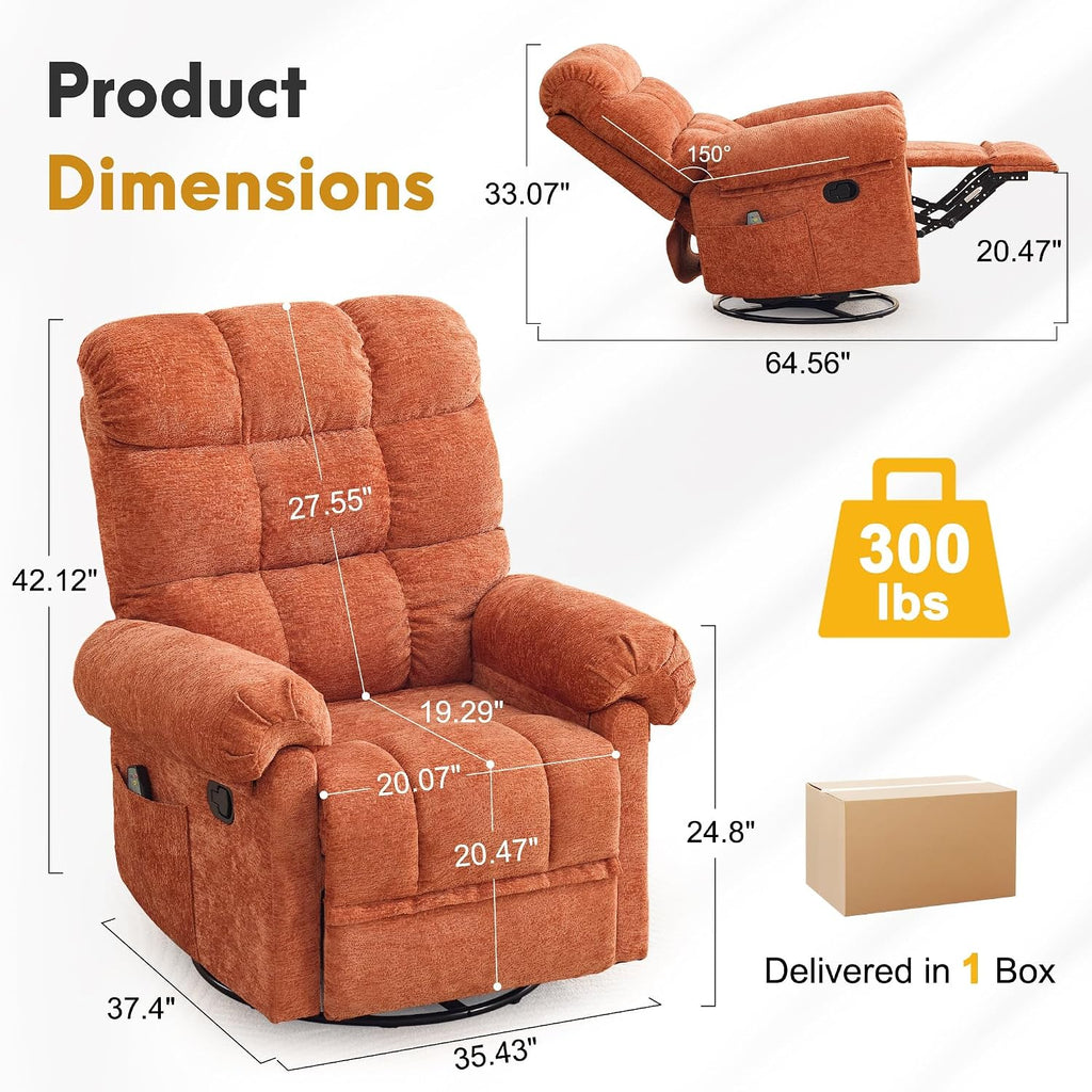 Korser 360° Swivel Rocker Recliner Chair, Rocking Chair Nursery with Massage and Heat, Small Recliners for Small Space, Manual Reclining Chair with Cozy Chenille Fabric, Side Pockets for Living Room