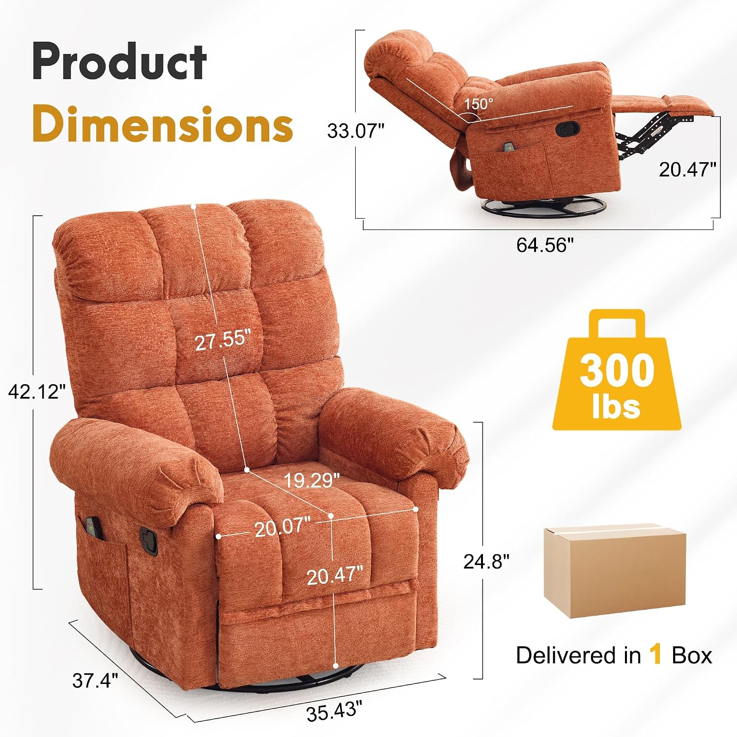 Korser 360° Swivel Rocker Recliner Chair, Rocking Chair Nursery with Massage and Heat, Small Recliners for Small Space, Manual Reclining Chair with Cozy Chenille Fabric, Side Pockets for Living Room
