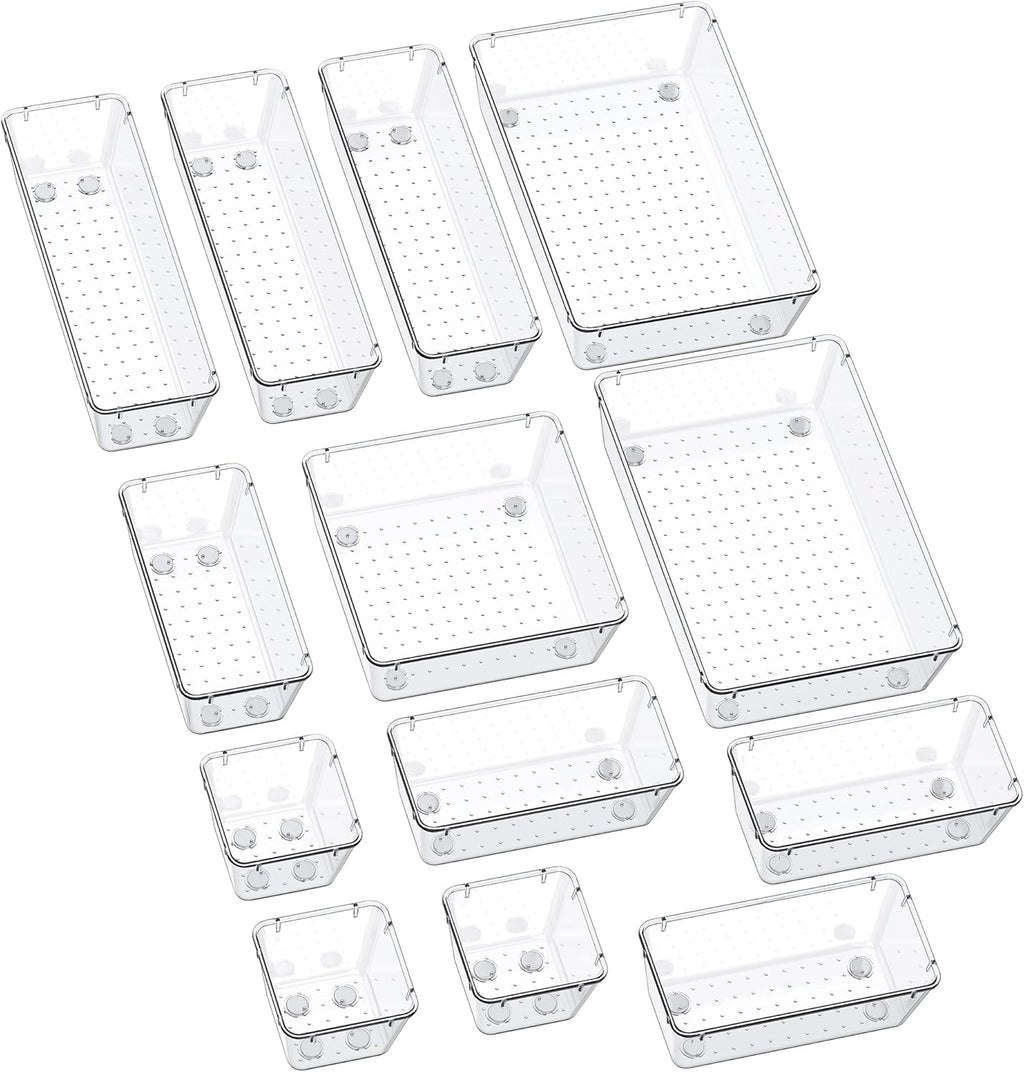 SMARTAKE 13-Piece Drawer Organizers with Non-Slip Silicone Pads, 5-Size | Clear Desk Bathroom Drawer Organizer Trays Storage Tray for Makeup, Jewelry, Utensils in Bedroom Dresser, Office and Kitchen