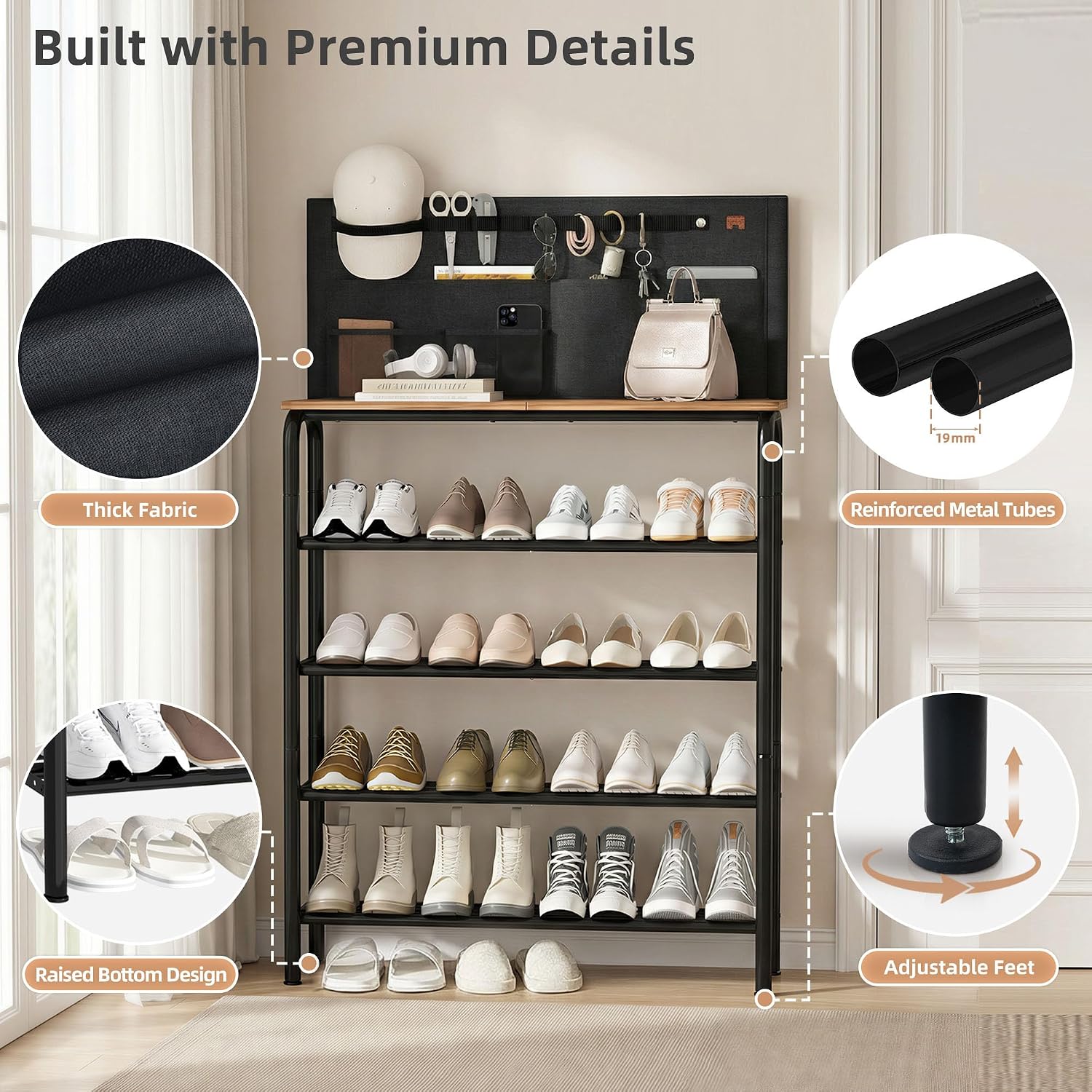 STORAGE MANIAC 5 Tier Shoe Rack for Entryway, Metal Shoe Shelf with Storage Pocket and MDF Top Board, 16-20 Pairs Free Standing Shoes Organizer for Closet, Black