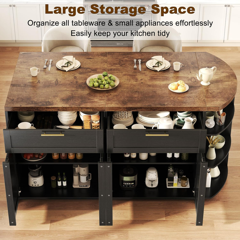 HSH 63 Inch Large Kitchen Island with Storage and Seating, Rustic Brown | Sta...