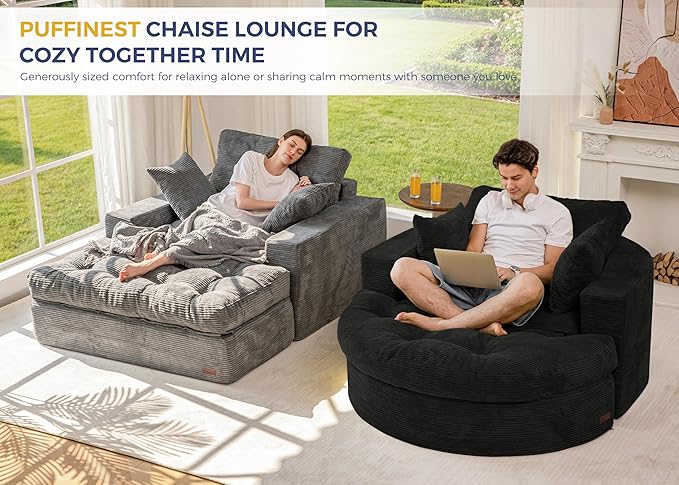 MAXYOYO Modular Sectional Chaise Lounge Sofa, 2 Sets Upholstered Lounge Chair with Ottoman, Comfy Round+ Square Couch with Layered Cushion, Tufted Sleeper Chair for Living Room, No Assembly, Black
