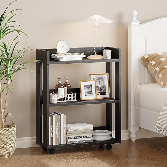 ALISENED Small Bookshelf and Bookcase, 3 Tier Wood Nightstand with Wheels, Mo...