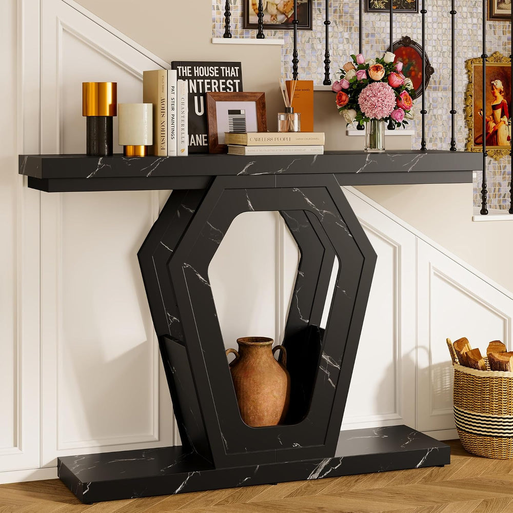 FUSUNBAO 47" Black Marble Console Table,Narrow Wood Sofa Table for Hallw...