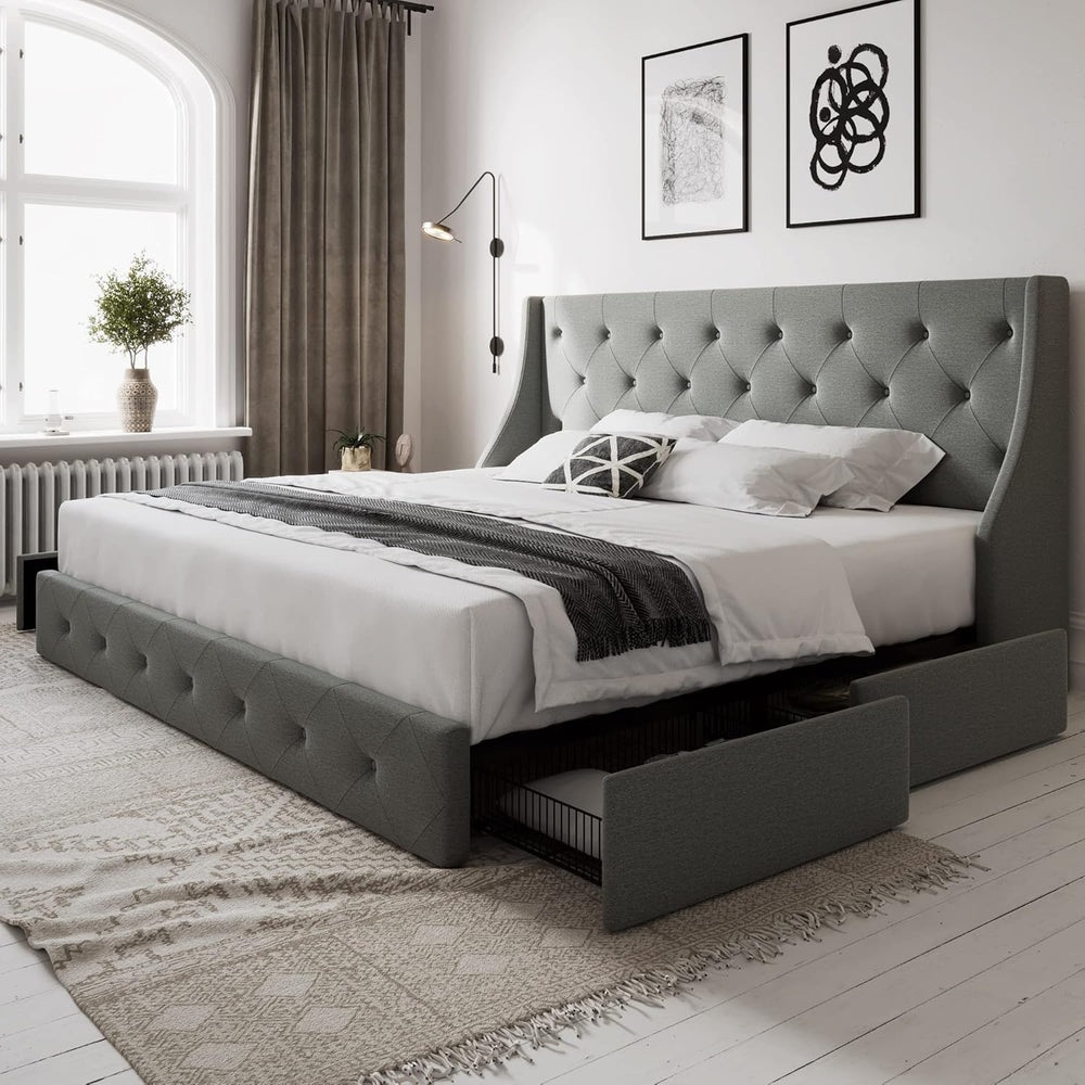 Allewie Queen Bed Frame with 4 Storage Drawers and Wingback Headboard, Button...