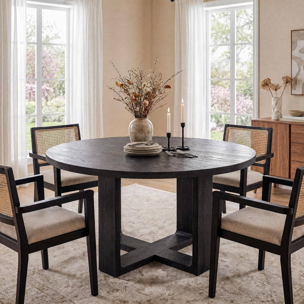 47.24" Black Round Dining Table for 4–6 People, Solid Wood Kitchen Table...