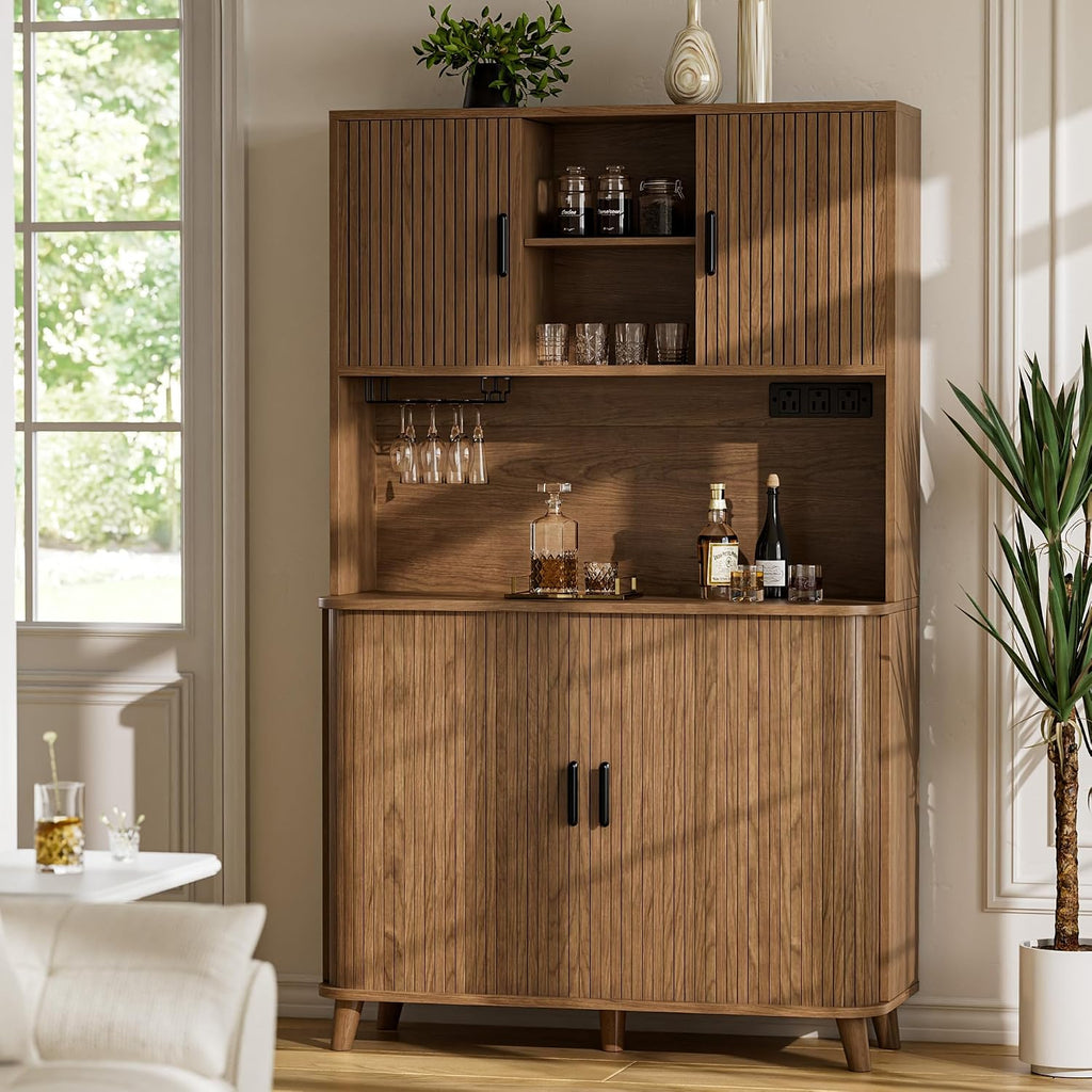 Lulive Kitchen Pantry Cabinet with Charging Station, Walnut | Rolling & Sliding Doors, Adjustable Shelves, Open Countertop, Wine Glass Rack, Modern Storage Cabinet for Dining Room