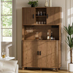 Lulive Kitchen Pantry Cabinet with Charging Station, Walnut | Rolling & Sliding Doors, Adjustable Shelves, Open Countertop, Wine Glass Rack, Modern Storage Cabinet for Dining Room