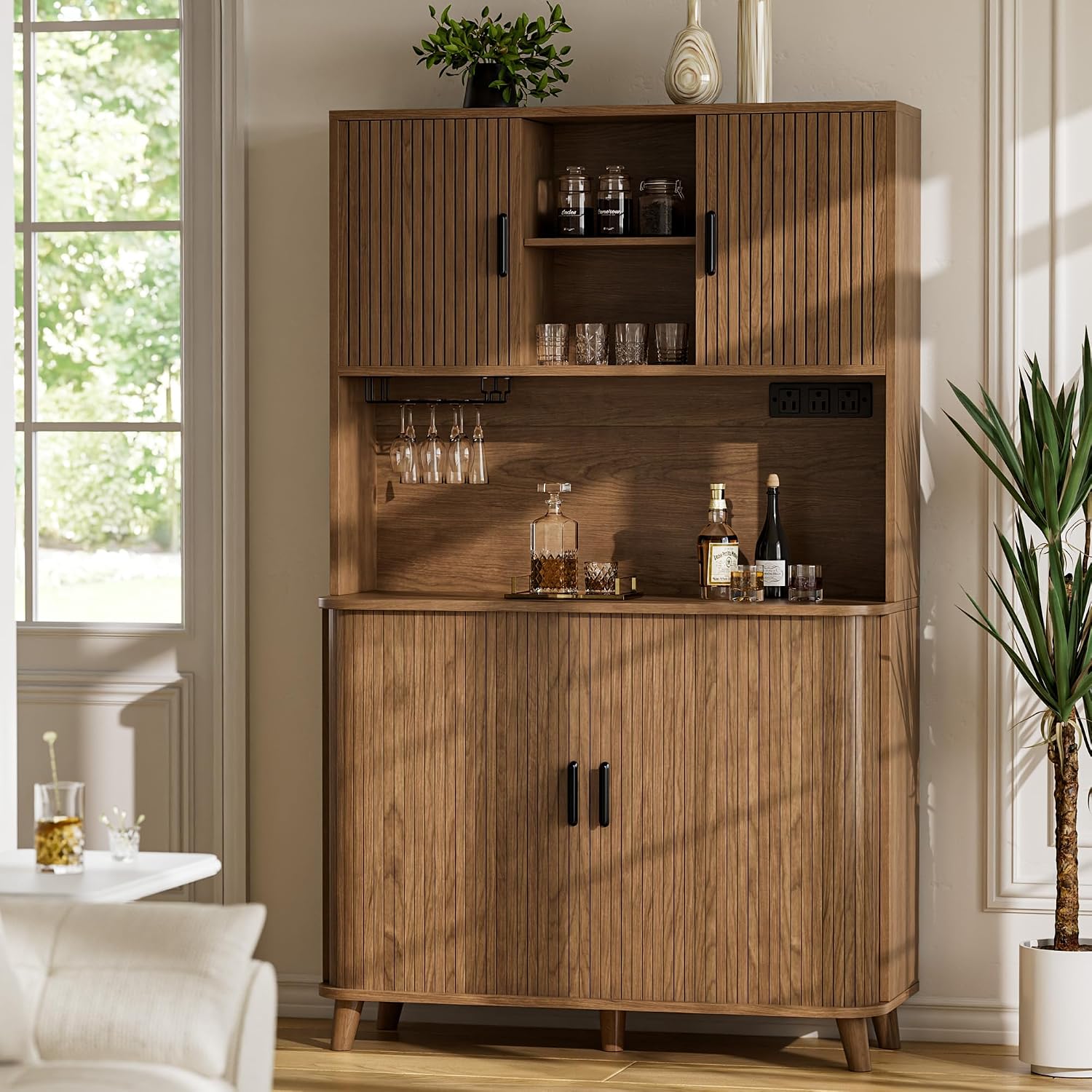 Lulive Kitchen Pantry Cabinet with Charging Station, Walnut | Rolling & Sliding Doors, Adjustable Shelves, Open Countertop, Wine Glass Rack, Modern Storage Cabinet for Dining Room