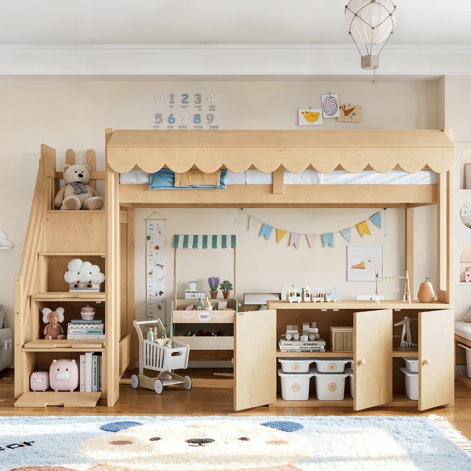 Twin Size Wood Loft Bed with Storage Stairs and Pretend Store Counter (Twin)