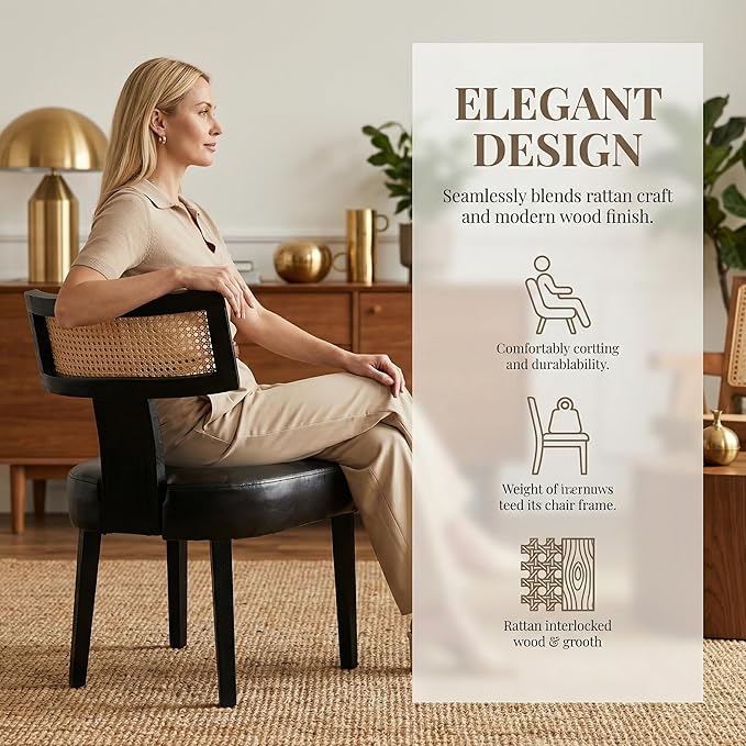 HNY Mid Century Modern Rattan Dining Chairs Set of 6, Farmhouse PU Leather Upholstered Accent Chair Curved Backrest Kitchen Chairs, with Black Hardwood Frame, Black