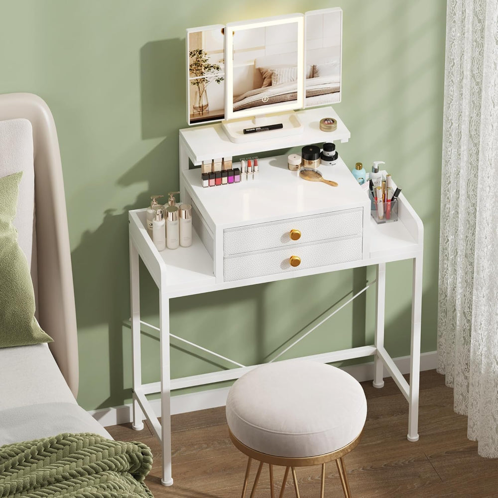 HIGDBFE Vanity Desk with Mirror and Lights 28.4''W Small Makeup Vanit...