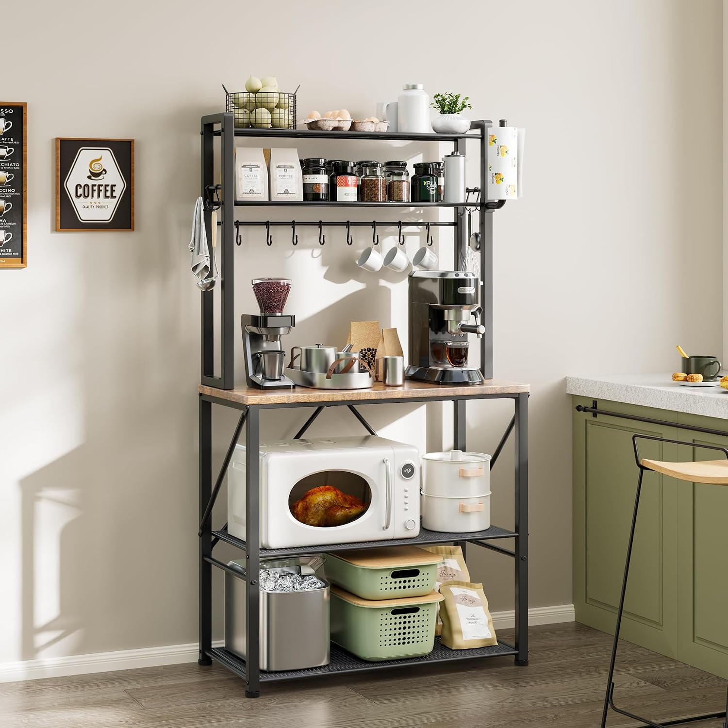 Coffee Bar, Bakers Rack with Storage, 25.6 Inches Microwave Stand, 5 Tier Kitchen Shelves Appliance Storage, 12 S Hooks Large Coffee Station for Spices, Pots and Pans, Rustic Brown