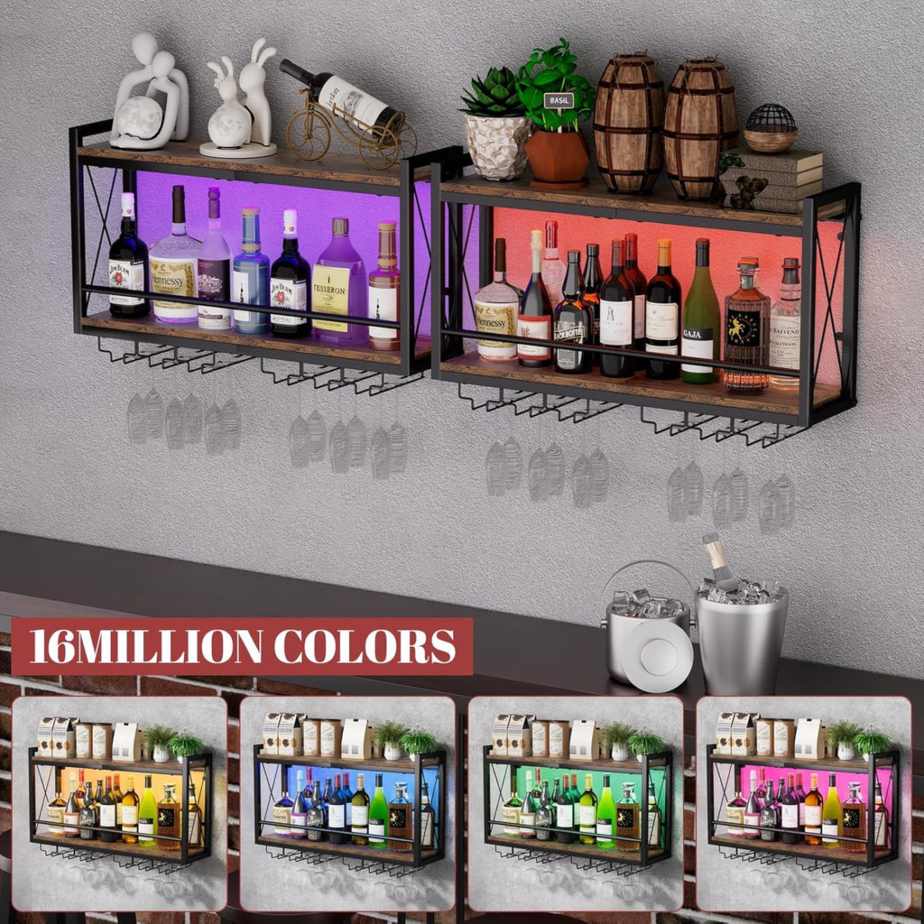 Shikha LED Wall Mounted Wine Rack with Glass Holder for Home Bar Kitchen | 31.4 Inch Retro Hanging Wine Display Shelf with RGB LED Lights, Stemware Holder, 2 Tier Wood-Metal Wine Bottle Storage Rack