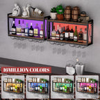 Shikha LED Wall Mounted Wine Rack with Glass Holder for Home Bar Kitchen | 31.4 Inch Retro Hanging Wine Display Shelf with RGB LED Lights, Stemware Holder, 2 Tier Wood-Metal Wine Bottle Storage Rack