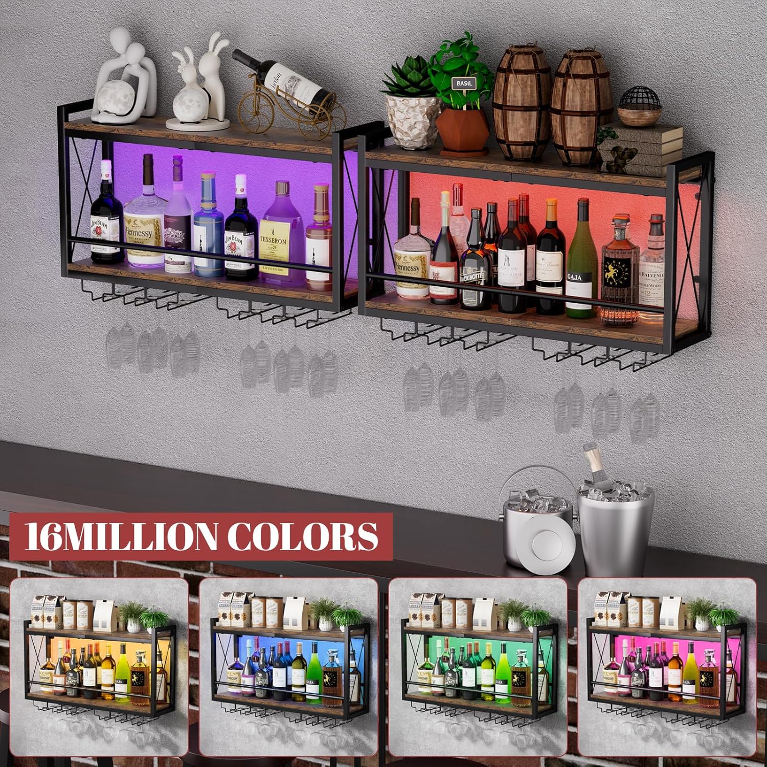 Shikha LED Wall Mounted Wine Rack with Glass Holder for Home Bar Kitchen | 31.4 Inch Retro Hanging Wine Display Shelf with RGB LED Lights, Stemware Holder, 2 Tier Wood-Metal Wine Bottle Storage Rack