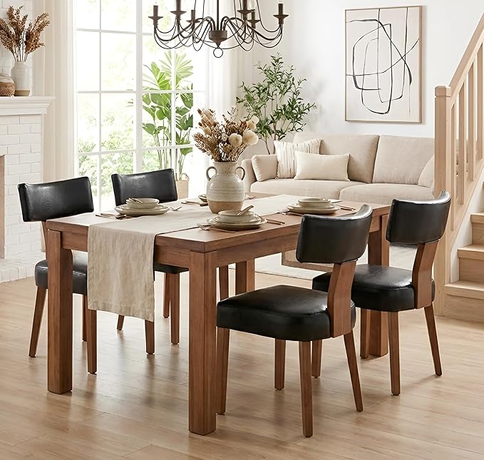 Black Leather Dining Chairs Set of 6, Upholstered Wooden Dining Room Chairs, ...