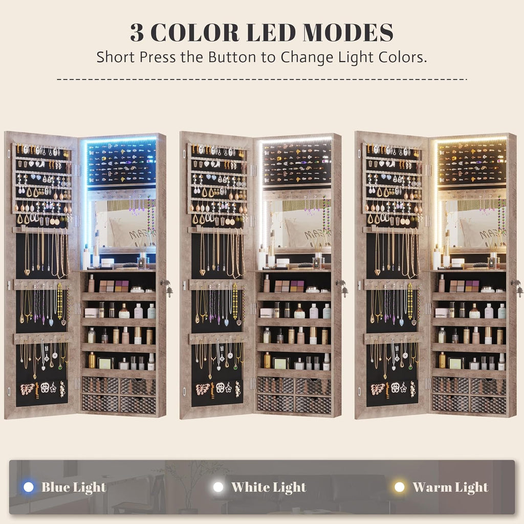 Vlsrka 47.2 Inch Full Length Mirror with Storage, Wall Mount Mirror Jewelry Cabinet, Over The Door Hanging Jewelry Armoire Organizer, Built-in Light, 4 Drawers, 5 Shelves, Lockable (Wood)