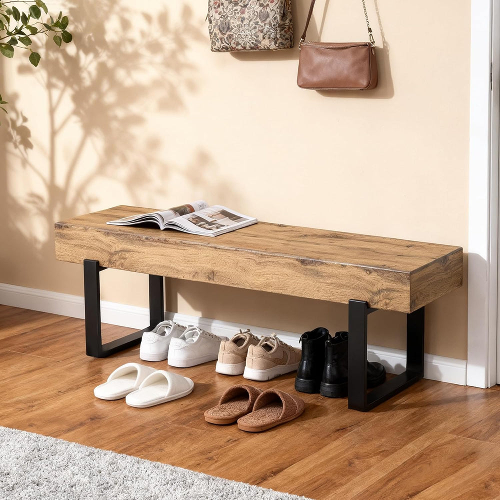 Industrial Entryway Bench, Rustic Wood Look Bench with Heavy Duty Black Metal...