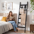 TEAKMAMA 6-Tier 5.4ft Blanket Ladder with Hooks Farmhouse Black | Wall Leaning Solid Wood Quilt Rack, Scratch & Slip Resistant, Living Room Bedroom Bathroom, Christmas Decor, Quick Setup