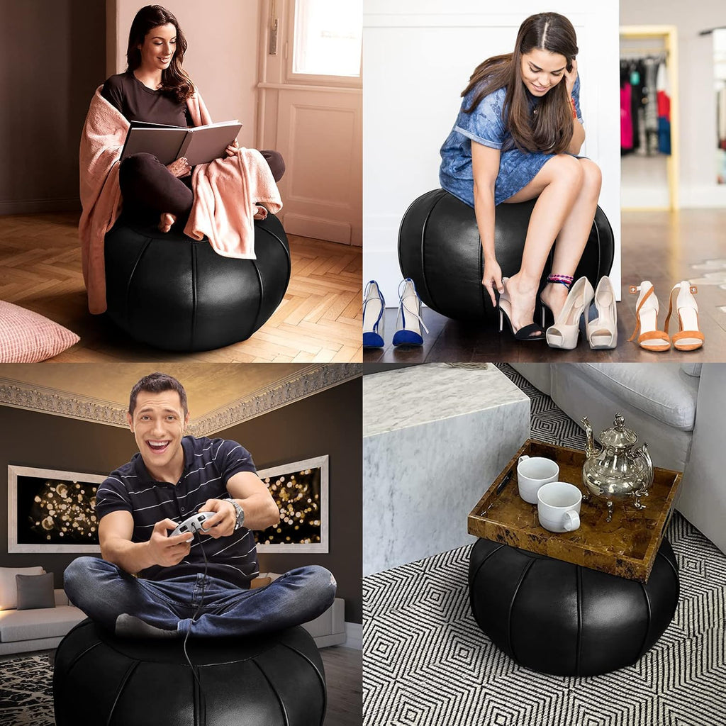 Louis Donné Round Unstuffed Faux Leather Pouf Ottoman Cover, Portable Indoor Outdoor Foot Rest Cover with Invisible Zipper, Sturdy Footstool Cushion Case for Home Patio Balcony Daily Use, Cover Only