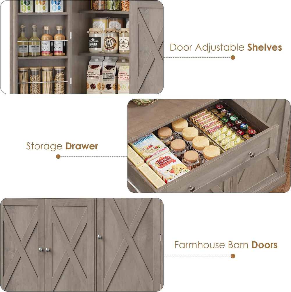 HIFIT 72.8” Tall Kitchen Pantry Cabinet with LED & Charging Station, 55” ...
