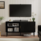 Black Fluted Tv Stand with Sliding Doors, 47" Mid Century Entertainment Center with Adjustable Shelf, Wooden Media TV Console with Storage Cabinet