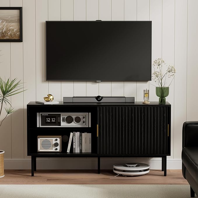 Black Fluted Tv Stand with Sliding Doors, 47" Mid Century Entertainment Center with Adjustable Shelf, Wooden Media TV Console with Storage Cabinet