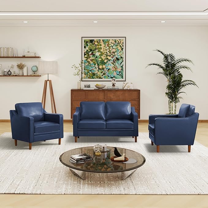 Kingfun Living Room Furniture Sets, 2 Armchair and Loveseat, Mid Century Modern Sofa Set, Faux Leather Couch with Solid Wood Frame for Living Room & Bedroom, Royal Blue