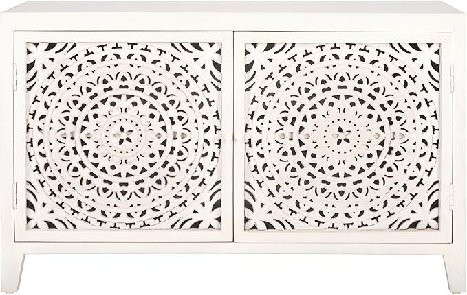 SAFAVIEH Raelie TV Stand for up to 50" Flatscreen – White Washed, 2 Doors with Interior Storage, Entertainment Media Console Cabinet, Fully Assembled (MED5301A)