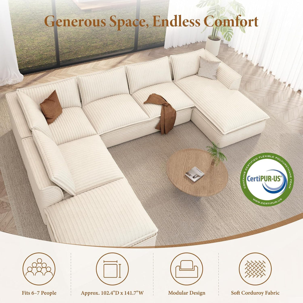 Vesgantti 7 Seater Plush Corduroy Couch, 141.7" Large Sofa, Beige | Over...