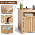Fluted Nightstand with Charging Stations, 23.6" Wide Natural Oak Nightstand with Storage Drawers, Side Tables, Modern Farmhouse End Tables for Bedroom, Natural Oak