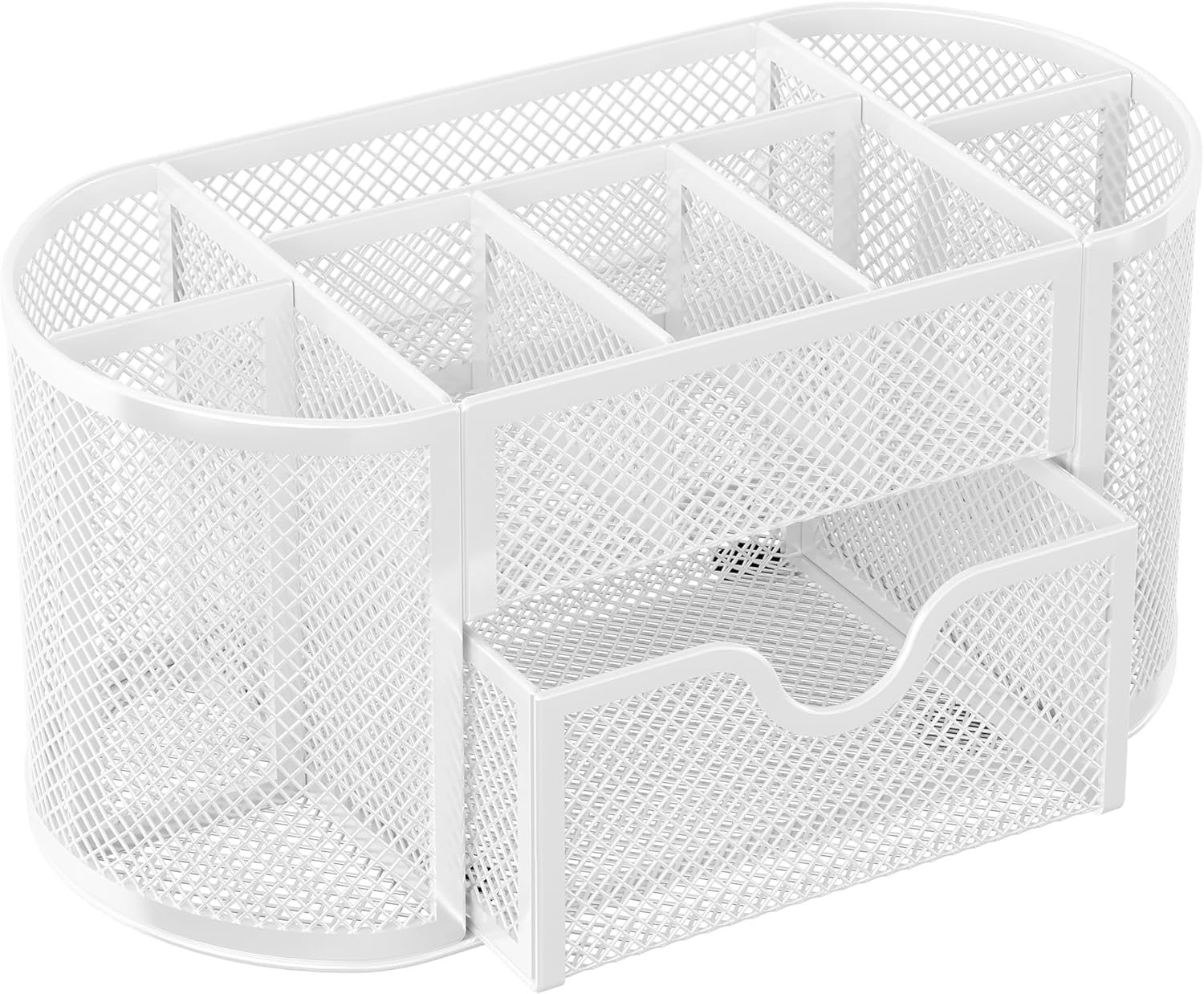 EasyPAG Mesh Pen Holder Desk Organizer with Drawer Stationery Supplies Organizer for Dorm School 9 Compartments Workspace Desk Accessories Organization for Office, White
