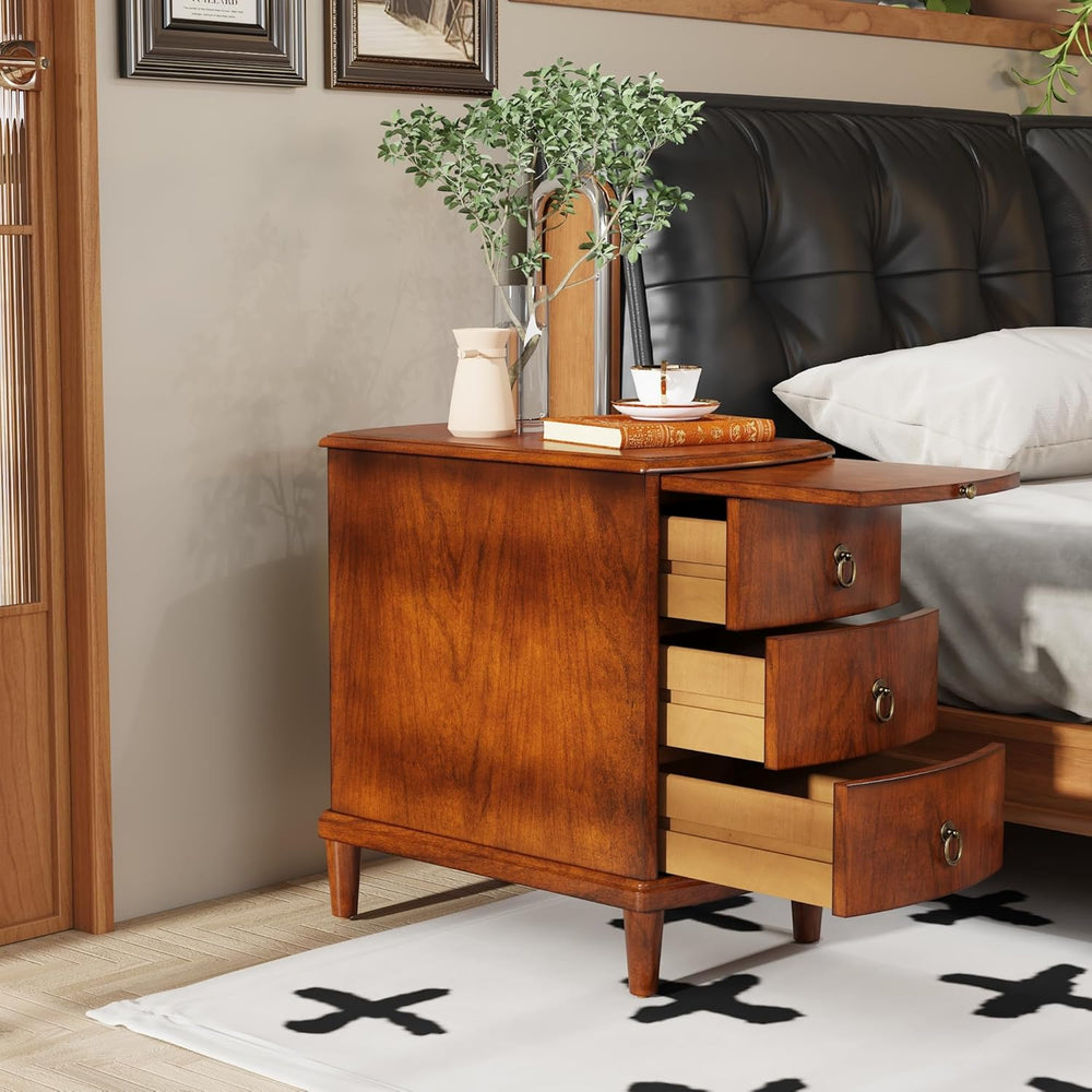 Solid Wood End Table with 3 Drawers, Cherry Red American Style Beside Table w...