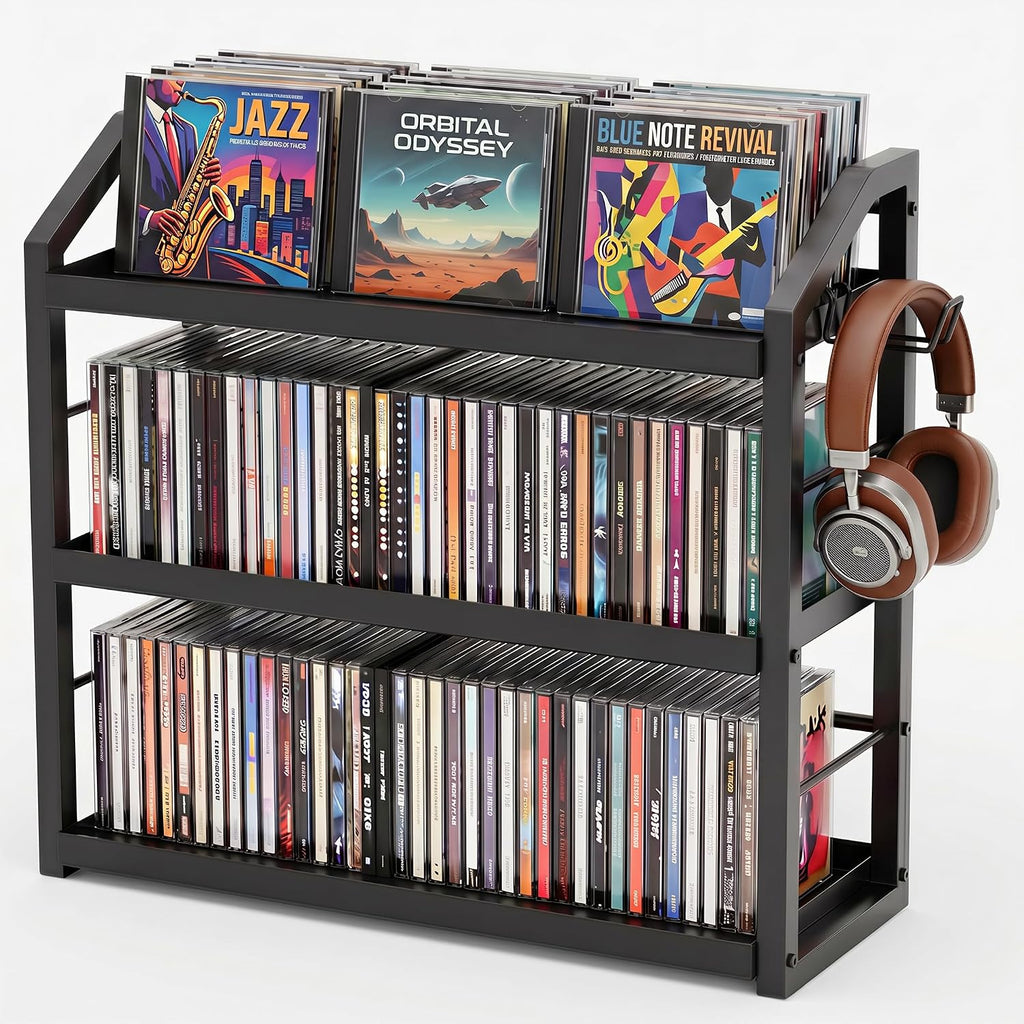 3-Tier CD Holder, Sturdy Steel CD Storage Rack for Display, Holds 125 CDs | Versatile CD Organizer with Top Display Shelf, Reversible Trays, Headphone Hook for Home Office Gaming Room Kitchen Counter