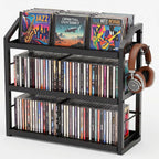 3-Tier CD Holder, Sturdy Steel CD Storage Rack for Display, Holds 125 CDs | Versatile CD Organizer with Top Display Shelf, Reversible Trays, Headphone Hook for Home Office Gaming Room Kitchen Counter