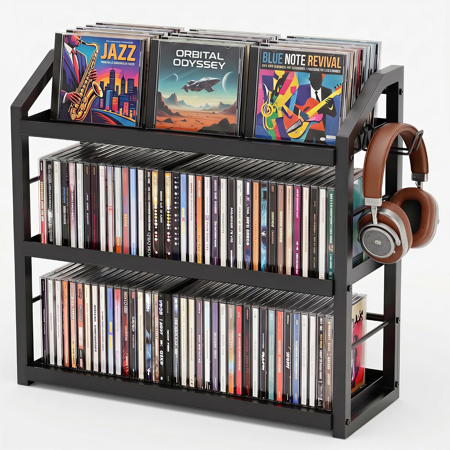 3-Tier CD Holder, Sturdy Steel CD Storage Rack for Display, Holds 125 CDs | Versatile CD Organizer with Top Display Shelf, Reversible Trays, Headphone Hook for Home Office Gaming Room Kitchen Counter