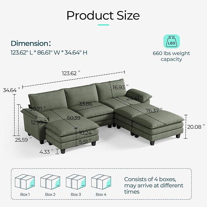 LINSY HOME Modular Sectional Sofa - 123 Inch Oversized Corduroy Cloud Couch with Movable Ottoman Soft Modern Comfy Sofa Set for Living Room Apartment Office, Green