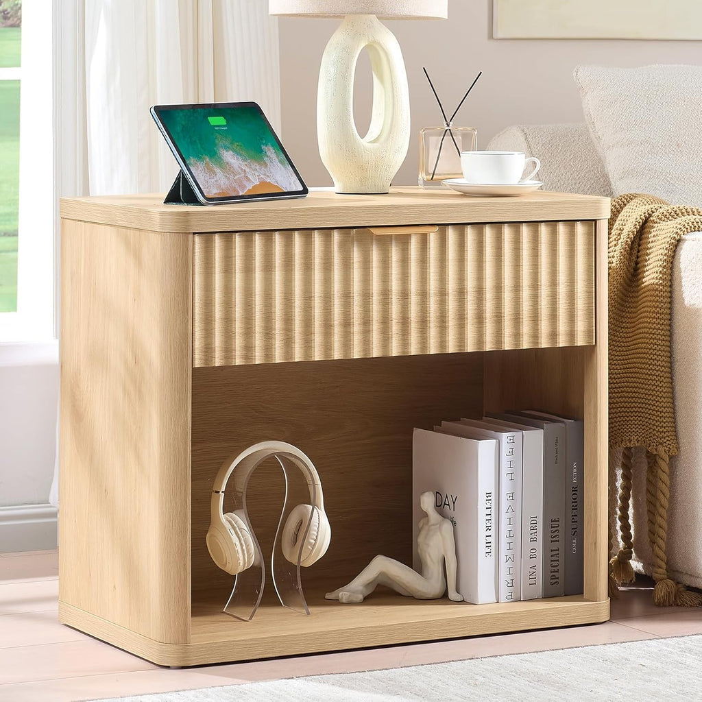 LEYAOYAO 31" Wide Fluted Nightstand Set of 2 with Charging Station, Oversized Extra Large 1 Drawer Night Stand with Golden Handle, Natural Wood Bedside Table Tall End Tables,for Bedroom, Living Room