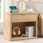 LEYAOYAO 31" Wide Fluted Nightstand Set of 2 with Charging Station, Oversized Extra Large 1 Drawer Night Stand with Golden Handle, Natural Wood Bedside Table Tall End Tables,for Bedroom, Living Room