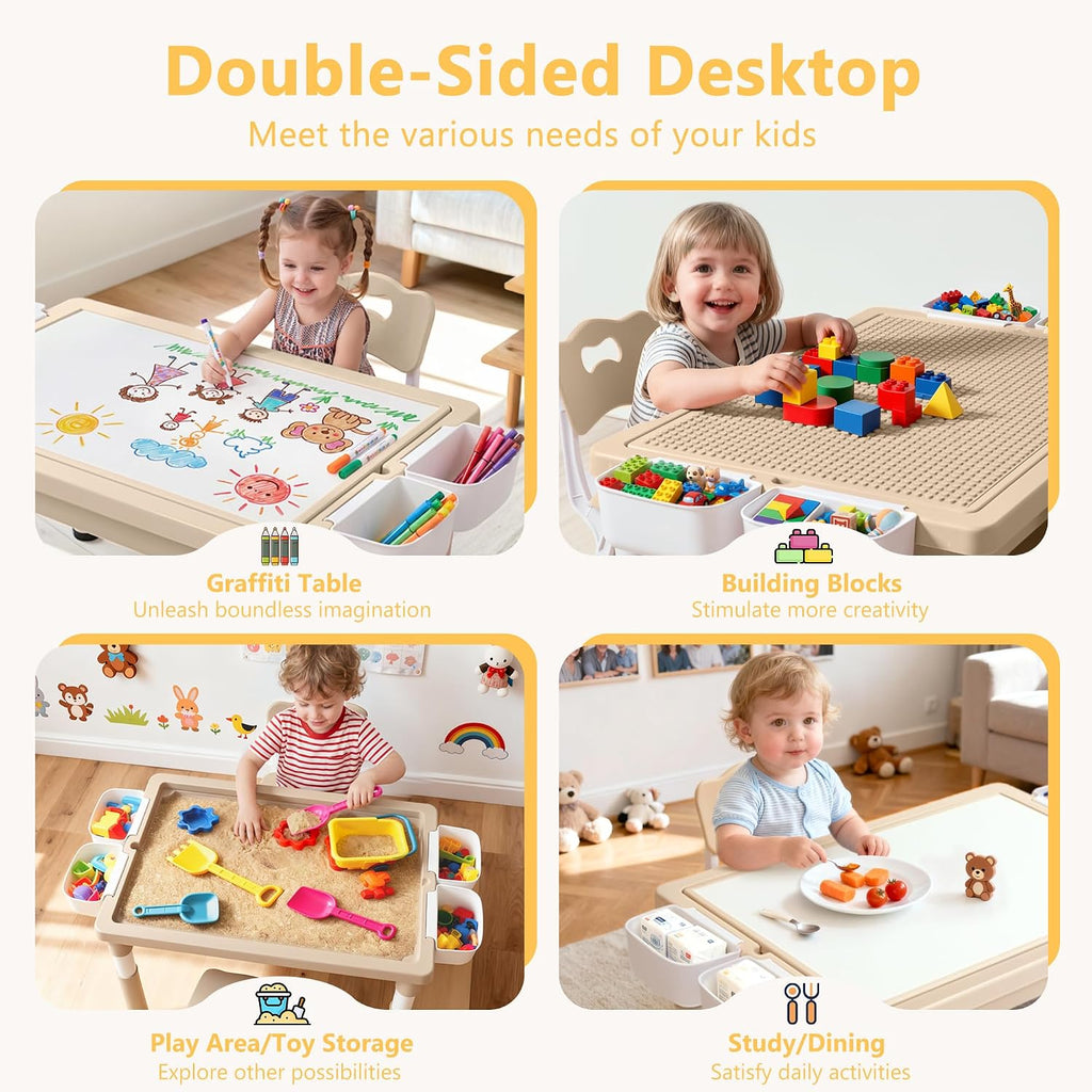 Kinder King Kids Table & 2 Chairs Set, Height Adjustable Children Activity Table w/Storage, Graffiti & Building Blocks Tabletop, Toddler Furniture Set for Classroom, Daycare, Home, Age 3+, Khaki
