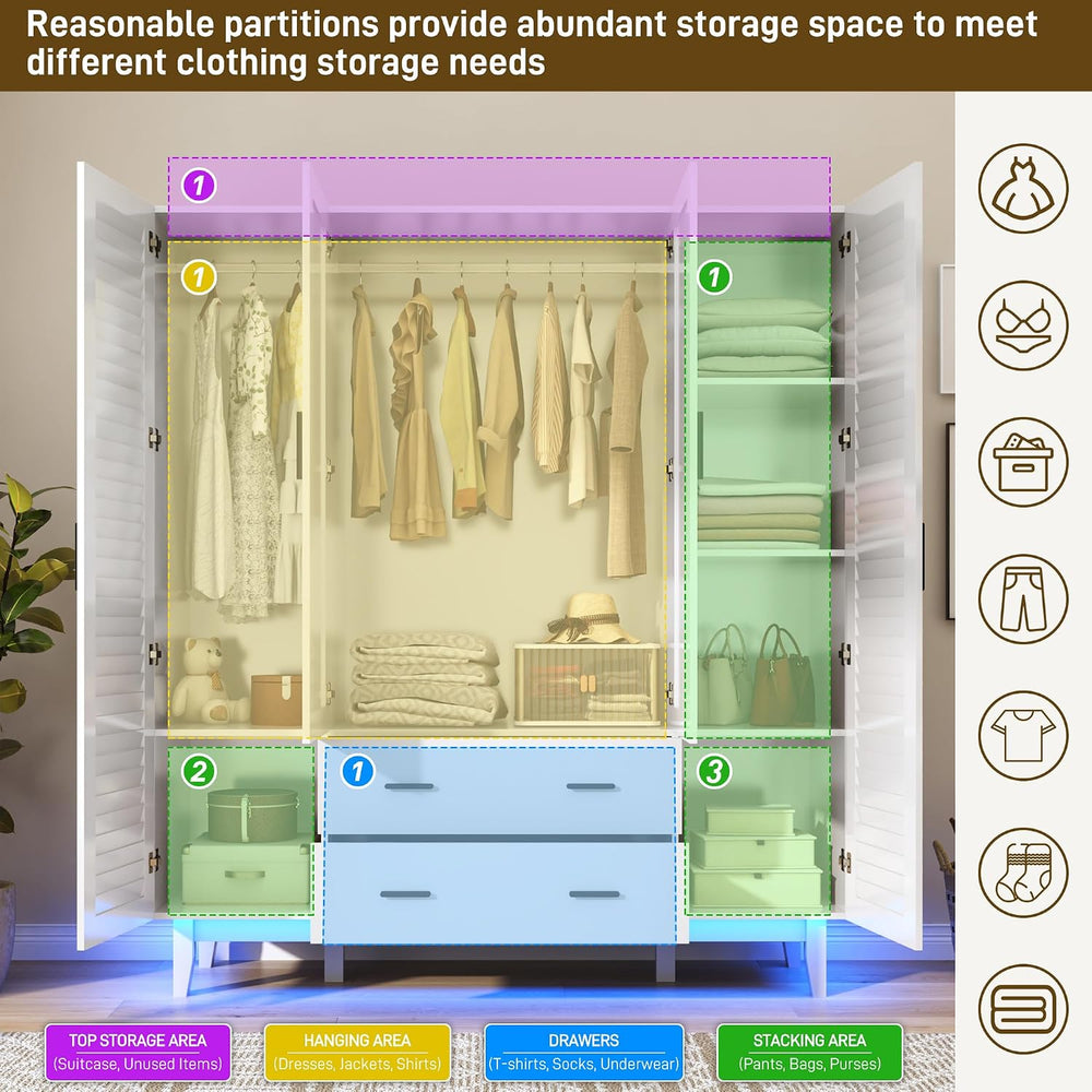 jiteentarou 4 Door Armoire Wardrobe Closet Cabinet with Drawers and LED Light...