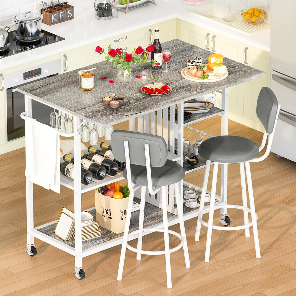 Recaceik Small Kitchen Island Table for 2 with Storage & Seating, Drop Le...