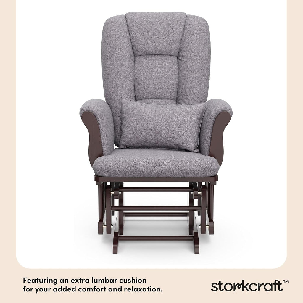 Storkcraft Tuscany Custom Glider and Ottoman with Free Lumbar Pillow (Espresso/Slate Gray Swirl) - Cleanable Upholstered Comfort Rocking Nursery Chair with Ottoman