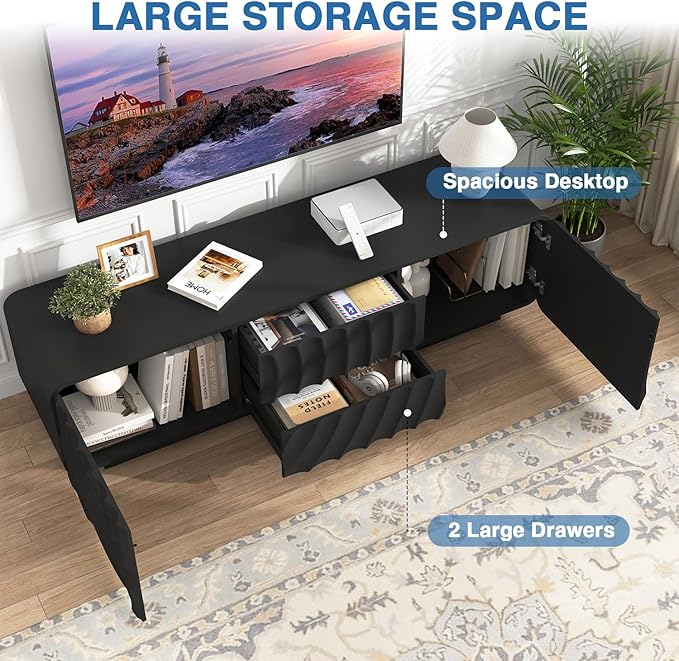 58'' TV Stand for 65 Inch TV, Modern Spiral Wave Media Console with Storage Cabinet and 2 Drawers, Low Profile Entertainment Center for Living Room Bedroom (Black)