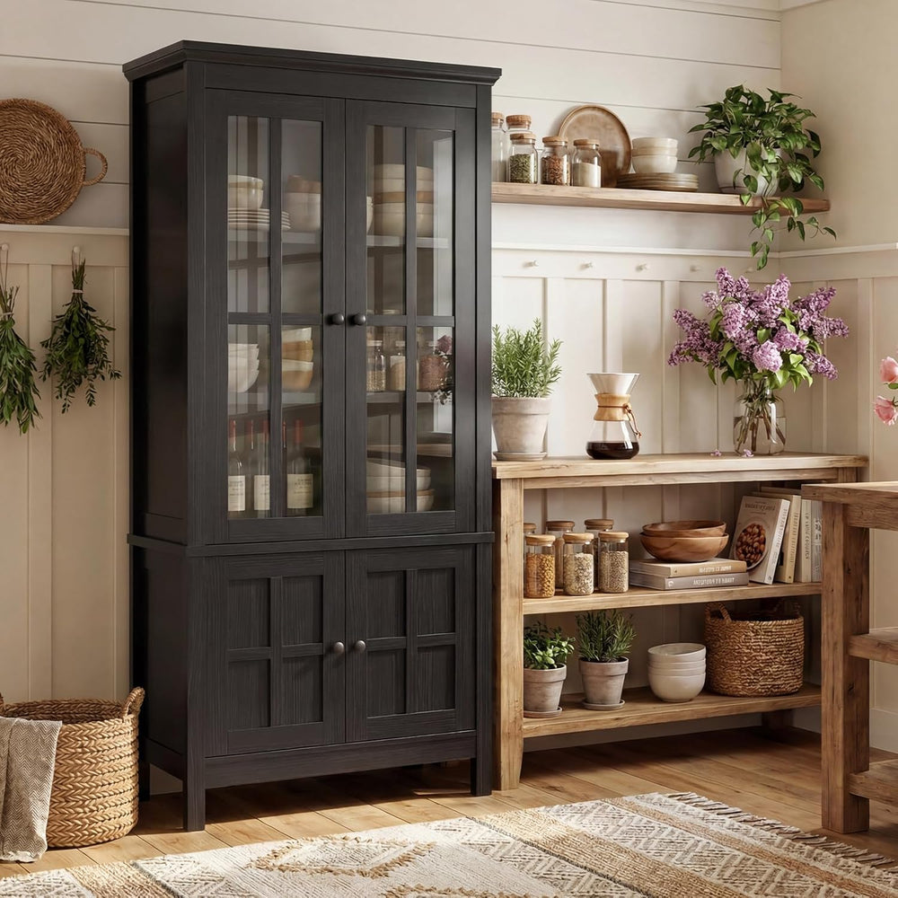 Farmhouse 63" Kitchen Pantry Storage Cabinet with Glass Doors & Hidd...