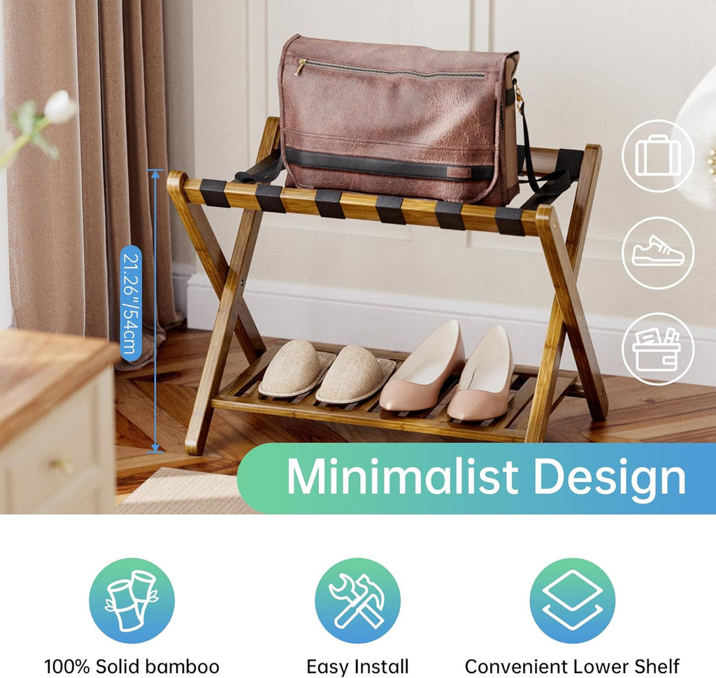 SMIBUY Luggage Rack, Foldable Bamboo Suitcase Stand with Storage Shelf for Guest Room, Bedroom, Hotel, Heavy-Duty, 1 Pack (Walnut)