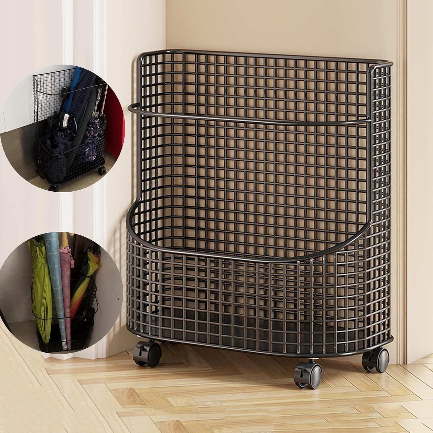 Hollow-out Umbrella Stand with Wheels/without Wheels Commercial Umbrellas Holder H 17.7/19.7" Multifunctional Cane Holder with Divided Storage Iron Frame