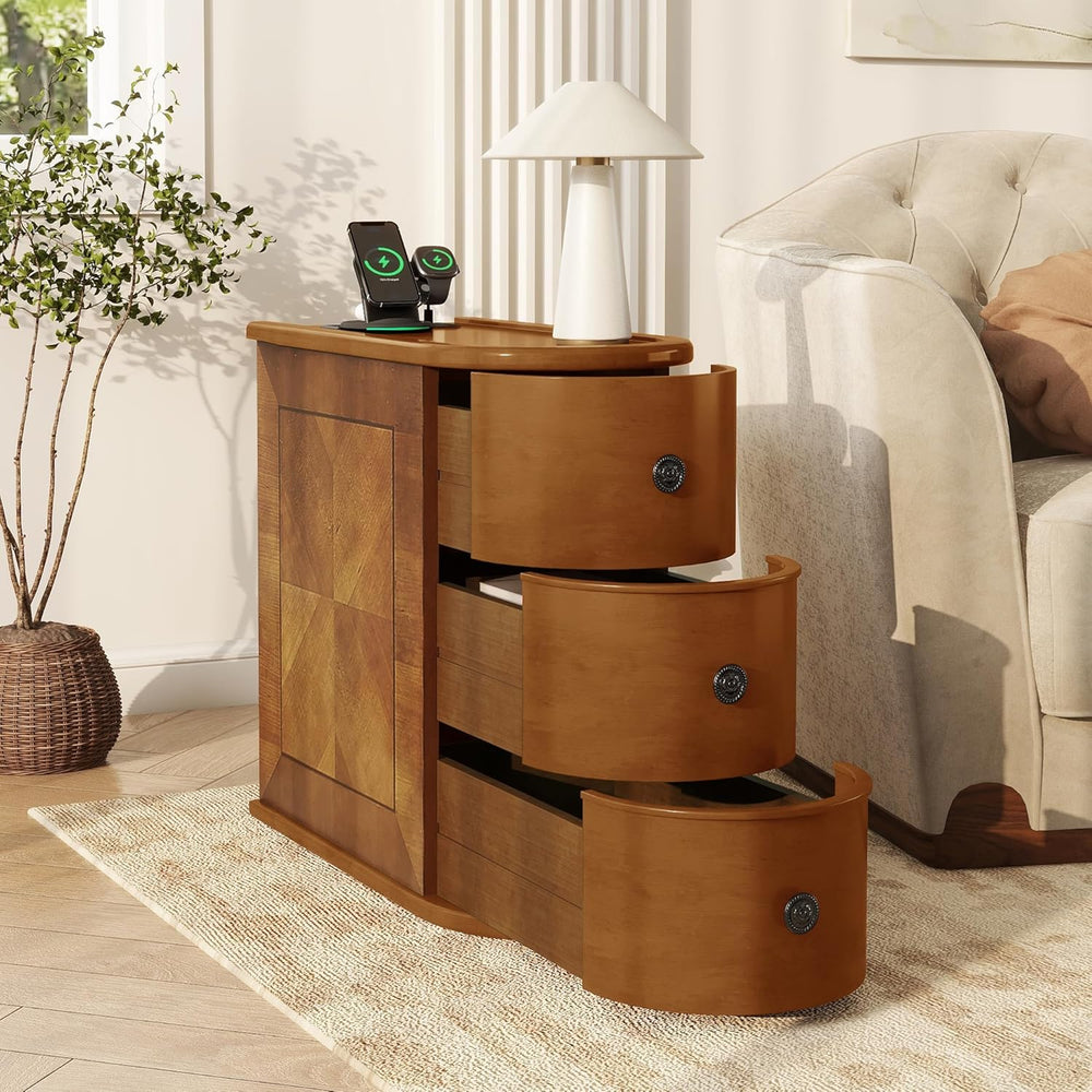 Narrow End Table with Charging Station, Wood Side Table with Drawers for Smal...