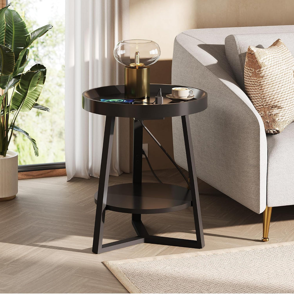 WLIVE Small Round Side Table with Charging Station, Round Coffee Table, 2 Tie...